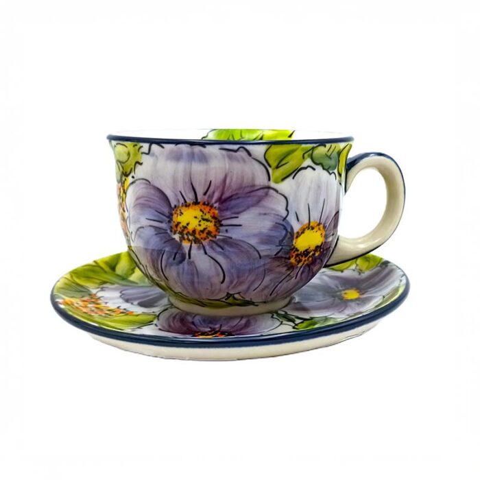 motyw fioletowa róża, bolesławiec ceramika, filiżanka bolesławiec