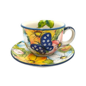 filiżank bolesławiec, ceramiczny motyl i kolorowe kwiaty, filiżanka ze spodkiem, o pojemności 250 ml