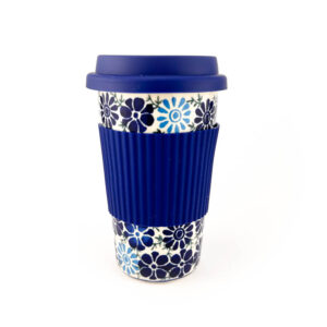 kubek podróżny w kwiaty, kubek z silikonem, ceramika Bolesławiec