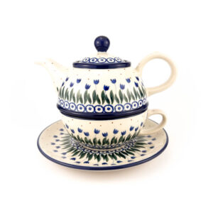 czajnik z filiżanką, oryginalna ceramika Bolesławiec, zestaw do kawy, zestaw do herbaty, wzór tulipany